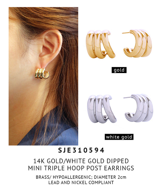 14K Gold Dipped Mini Triple Hoop Post Earrings