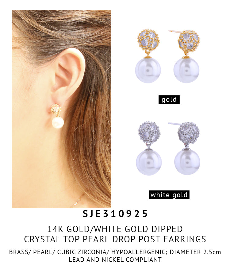 14K Gold Dipped Crystal Top Pearl Drop Post Earrings