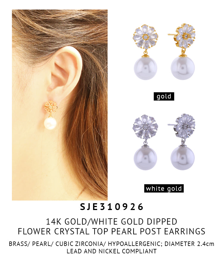 14K Gold Dipped Flower Crystal Top Pearl Post Earrings