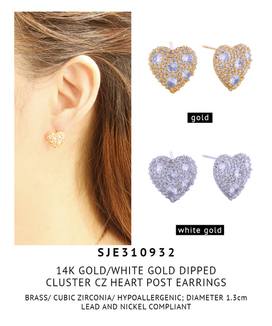 14K Gold Dipped Cluster CZ Heart Post Earrings