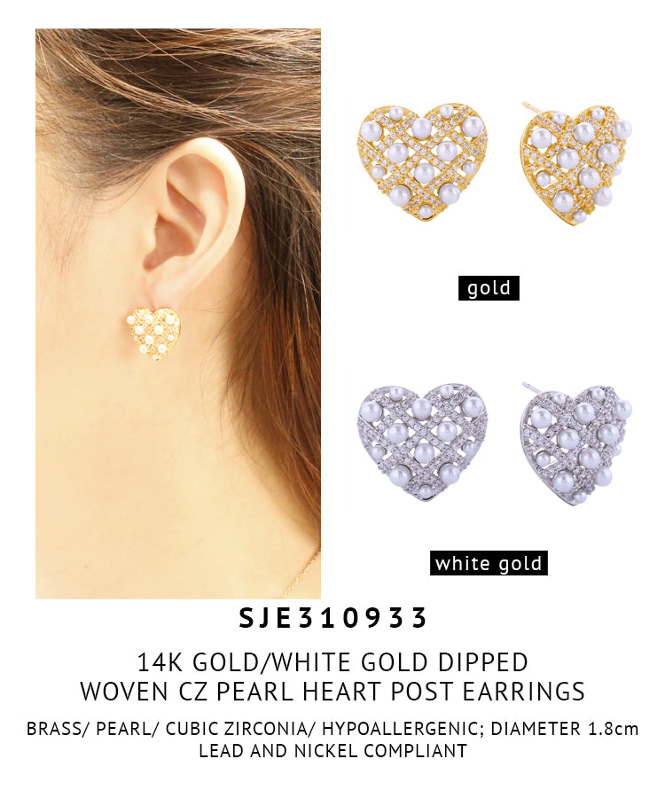 14K Gold Dipped Woven CZ Pearl Heart Post Earrings