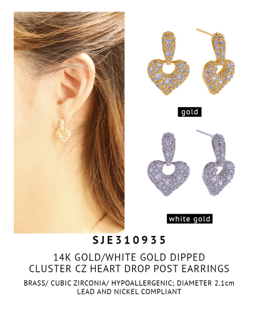 14K Gold Dipped Cluster CZ Heart Drop Post Earrings