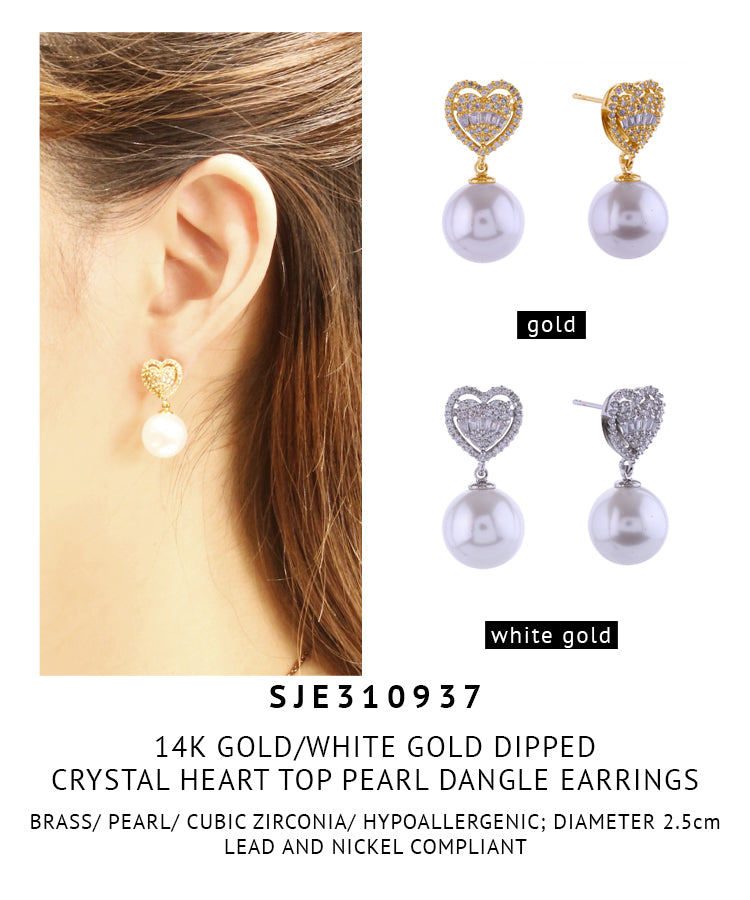 14K Gold Dipped Crystal Heart Top Pearl Dangle Earrings