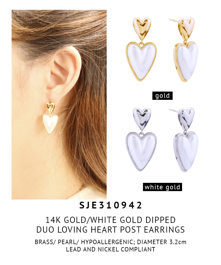 14K Gold Dipped Duo Loving Heart Post Earrings