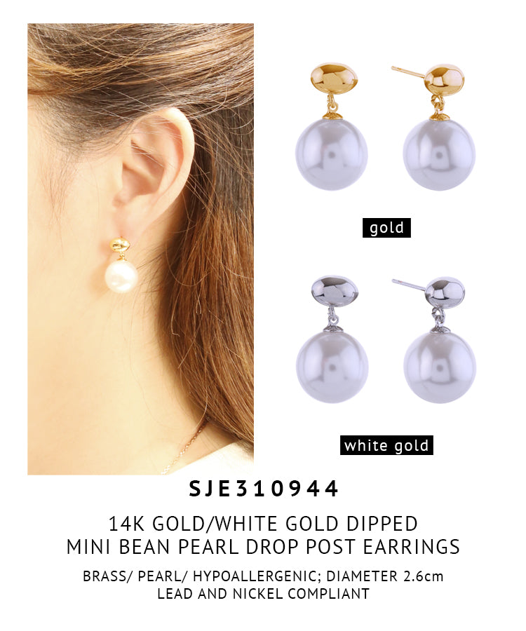 14K Gold Dipped Mini Bean Pearl Drop Post Earrings