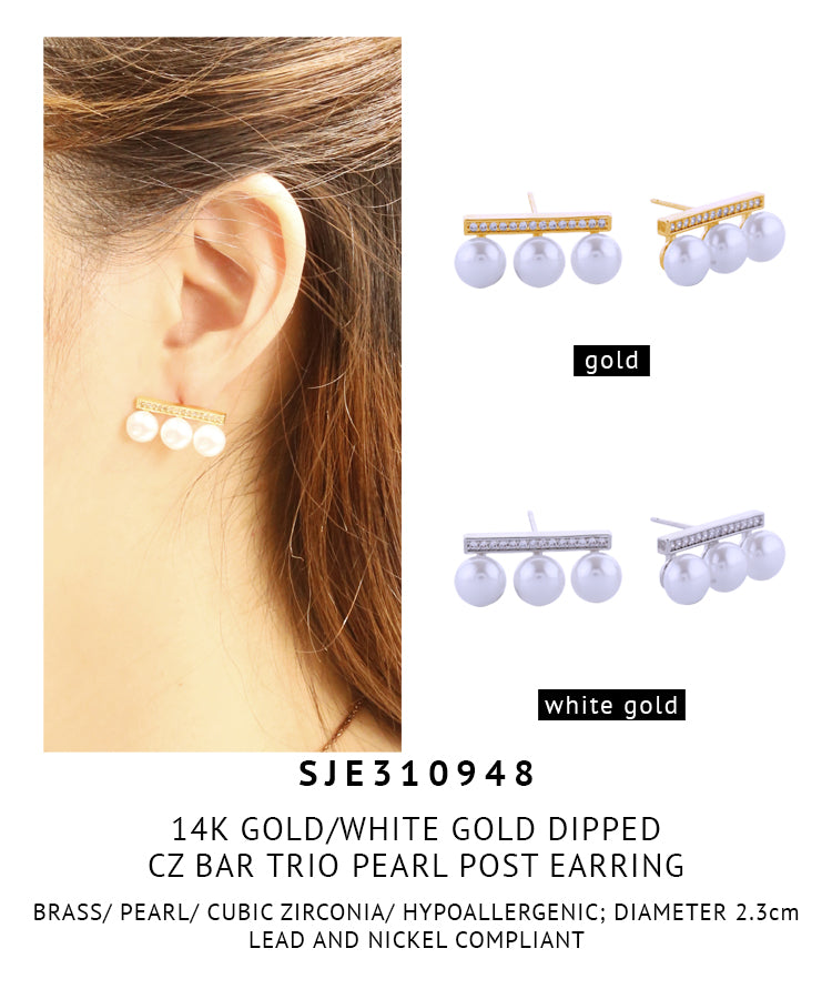 14K Gold Dipped CZ Bar Trio Pearl Post Earring