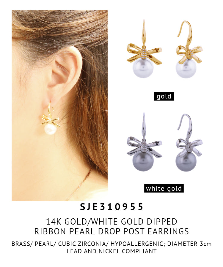 14K Gold Dipped Ribbon Pearl Drop Post Earrings