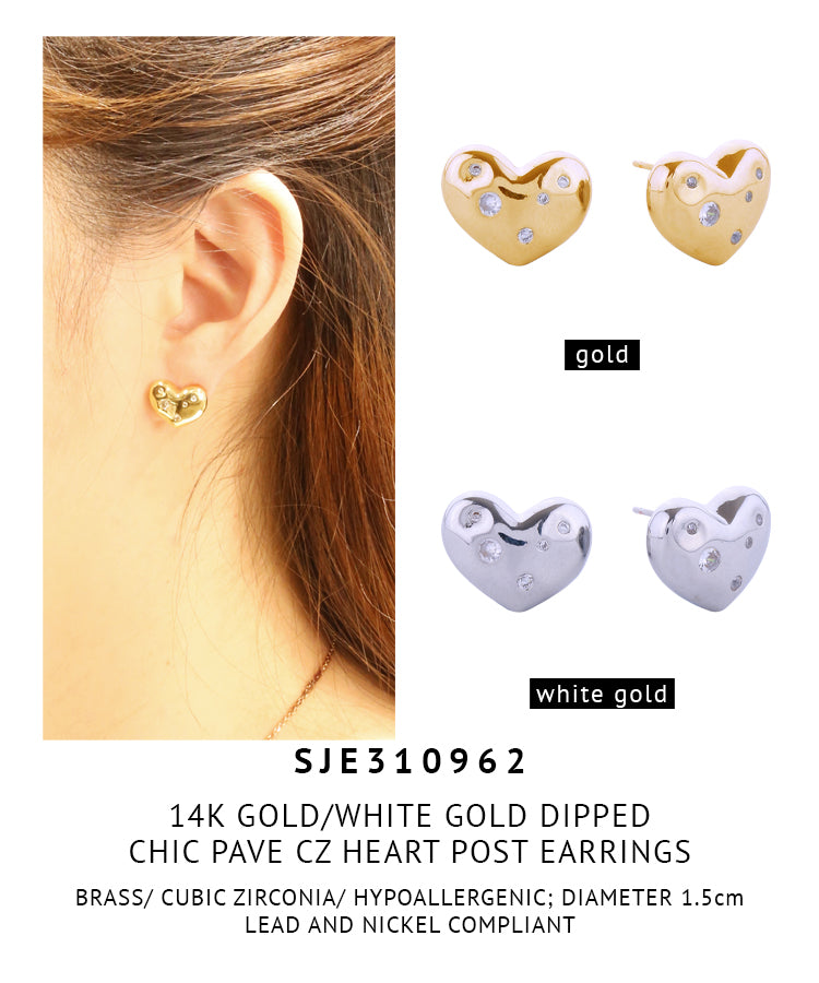 14K Gold Dipped Chic Pave CZ Heart Post Earrings