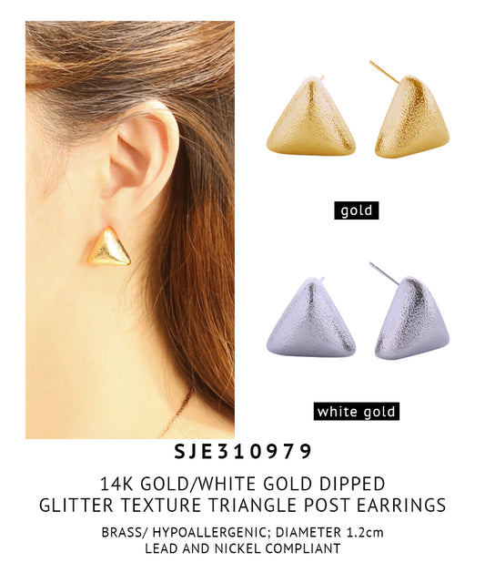 14K Gold Dipped Glitter Texture Triangle Post Earrings