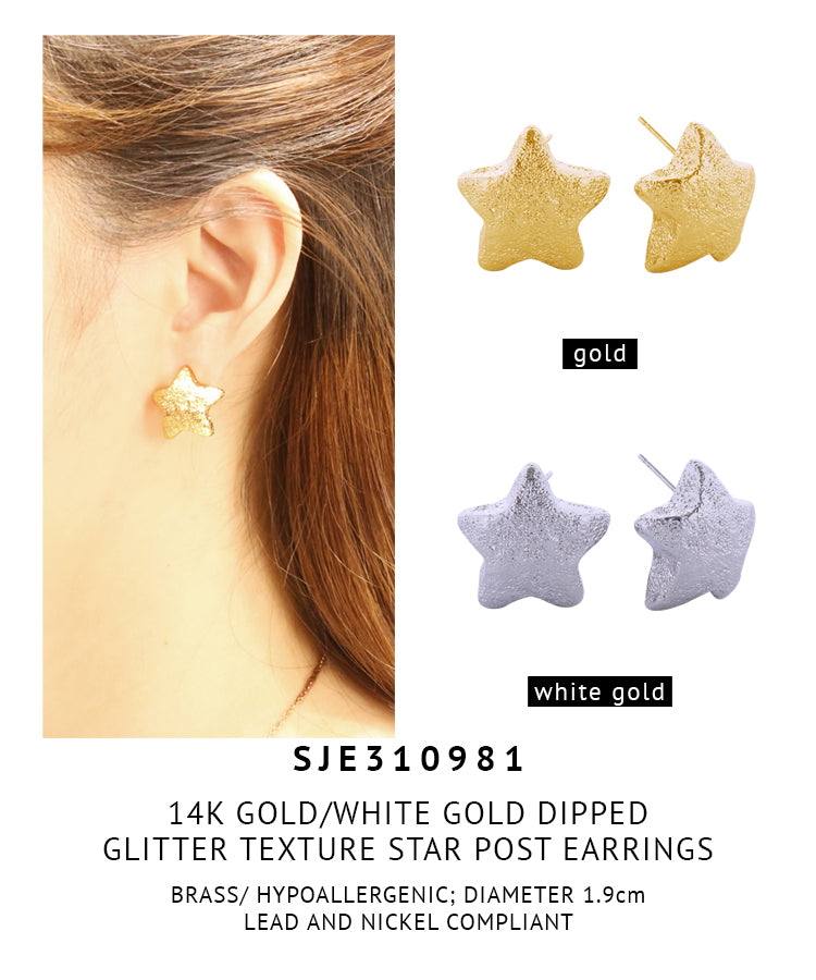 14K Gold Dipped Glitter Texture Star Post Earrings