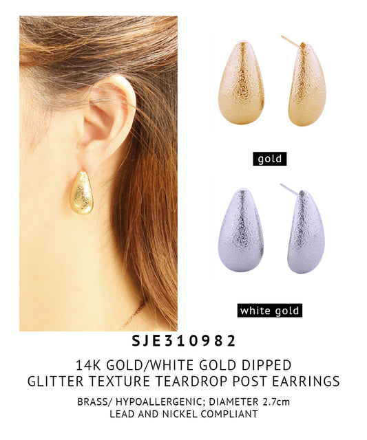 14K Gold Dipped Glitter Texture Teardrop Post Earrings