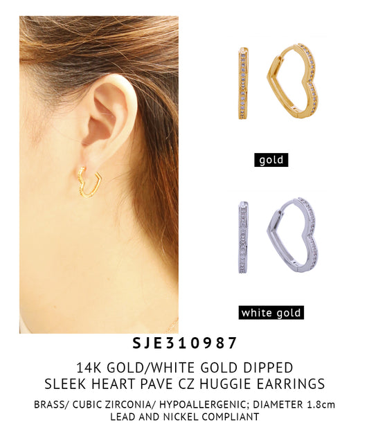 14K Gold Dipped Sleek Heart Pave CZ Huggie Earrings