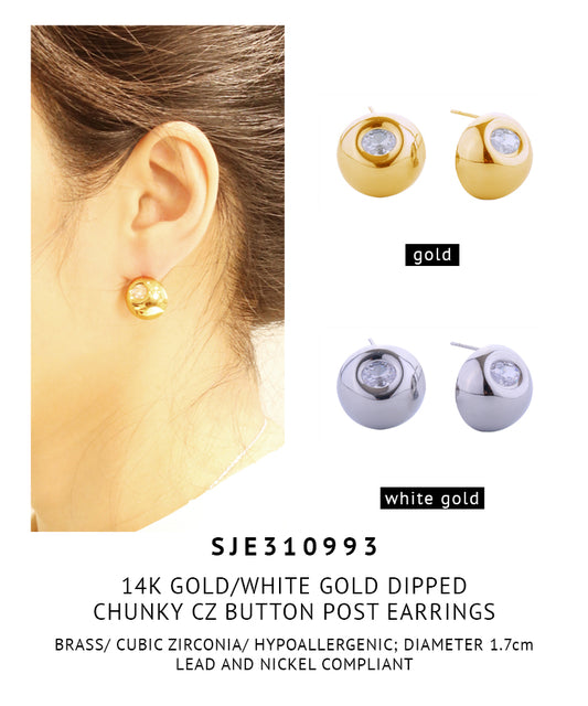 14K Gold Dipped Chunky CZ Button Post Earrings