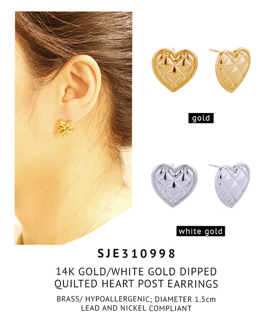 14K Gold Dipped Quilted Heart Post Earrings