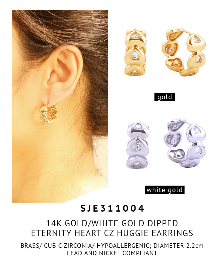 14K Gold Dipped Eternity Heart CZ Hugggie Earrings