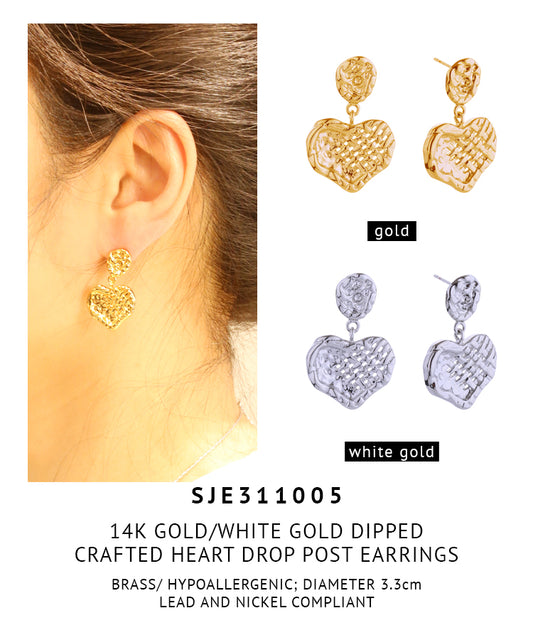 14K Gold Dipped Crafted Heart Drop Post Earrings