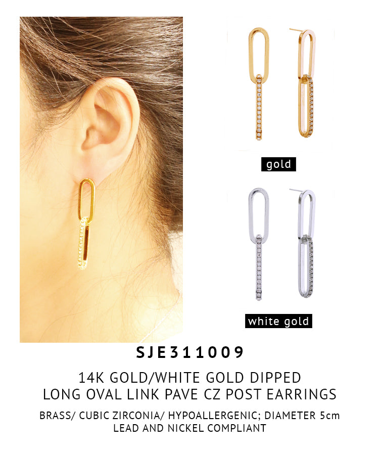 14K Gold Dipped Long Oval Link Pave CZ Post Earrings