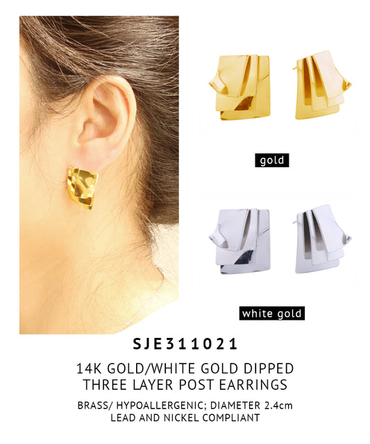 14K Gold Dipped Three Layer Post Earrings