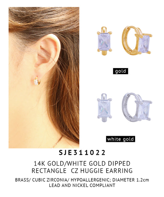 14K Gold Dipped Rectangle CZ Huggie Earrings