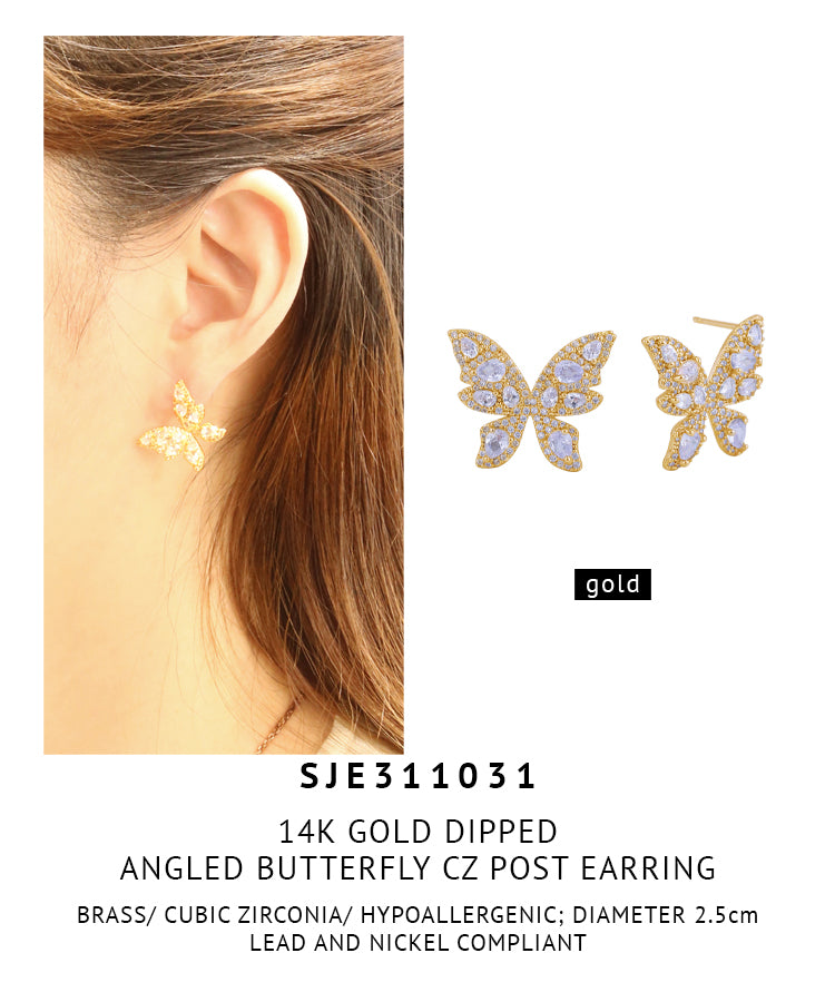 14K Gold Dipped Angled Butterfly CZ Post Earrings