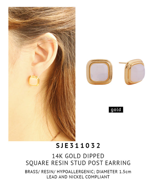 14K Gold Dipped Square Resin Stud Post Earrings