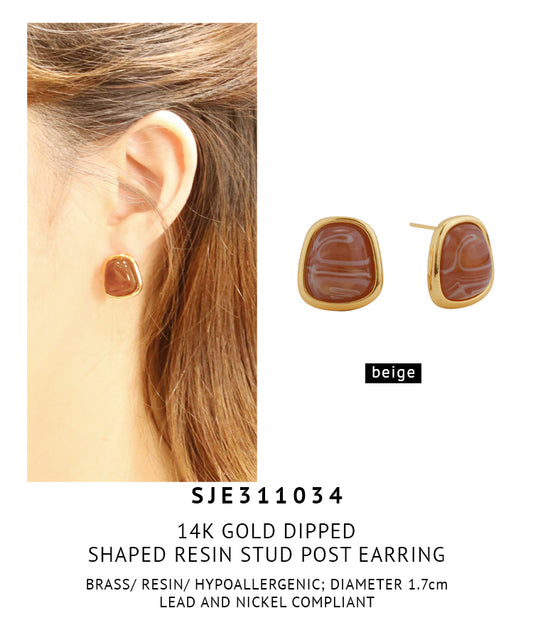 14K Gold Dipped Shaped Resin Stud Post Earrings