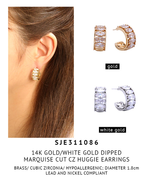 14K Gold Dipped Marquise Cut Cz Huggie Earrings