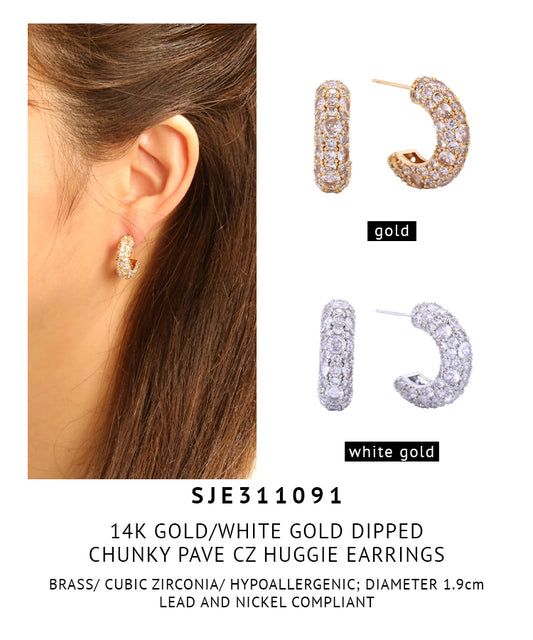 14K Gold Dipped Chunky Pave Cz Huggie Earrings