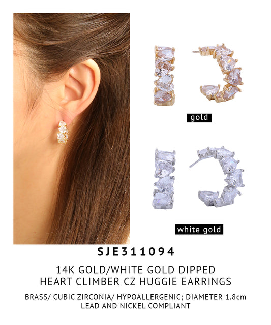 14K Gold Dipped Heart Climber CZ Huggie Earrings