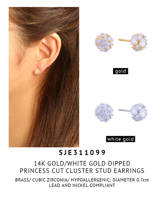 14K Gold Dipped Princess Cut Cluster Stud Earrings