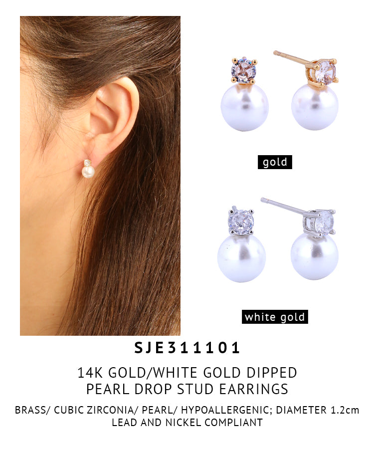 14K Gold Dipped Pearl Drop Stud Earrings