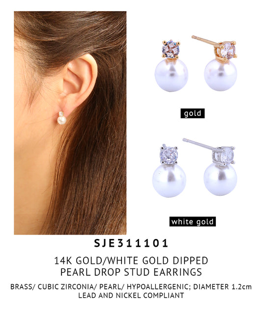 14K Gold Dipped Pearl Drop Stud Earrings