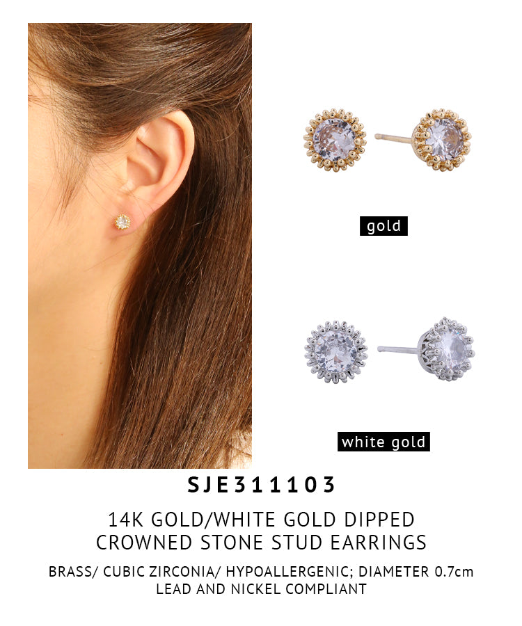 14K Gold Dipped Crowned Stone Stud Earrings