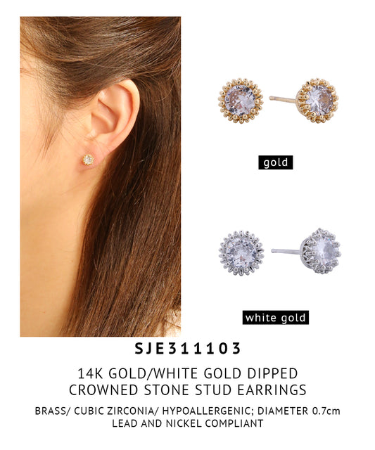 14K Gold Dipped Crowned Stone Stud Earrings