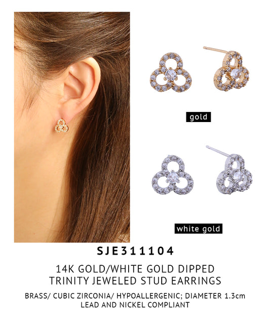 14K Gold Dipped Trinity Jeweled Stud Earrings