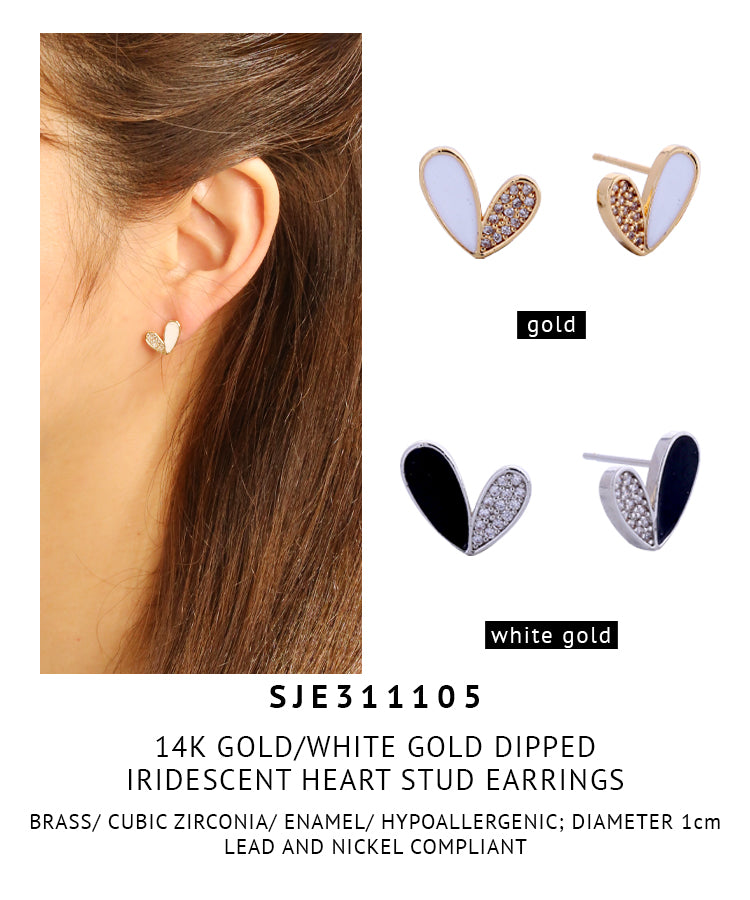 14K Gold Dipped Iridescent Heart Stud Earrings