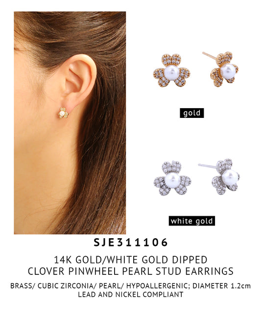 14K Gold Dipped Clover Pinwheel Pearl Stud Earrings