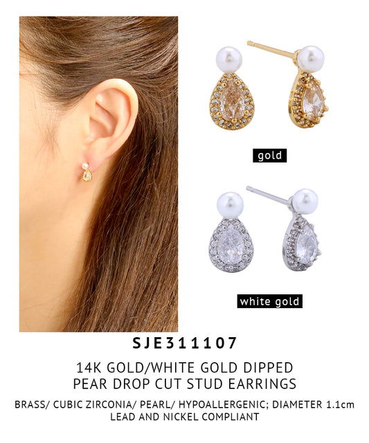 14K Gold Dipped Pear Drop Cut Stud Earrings