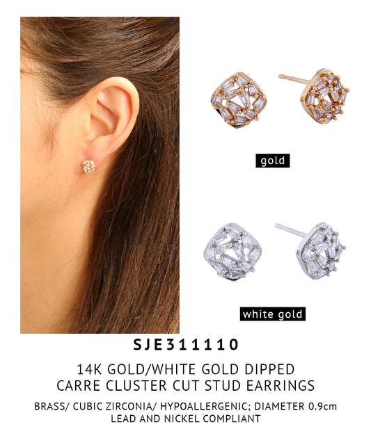 14K Gold Dipped Carre Cluster Cut Stud Earrings