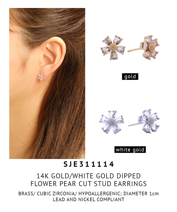 14K Gold Dipped Flower Pear Cut Stud Earrings