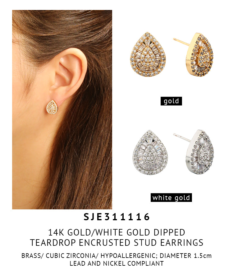 14K Gold Dipped Teardrop Encrusted Stud Earrings