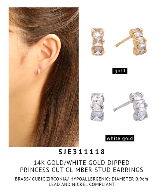 14K Gold Dipped Princess Cut Climber Stud Earrings