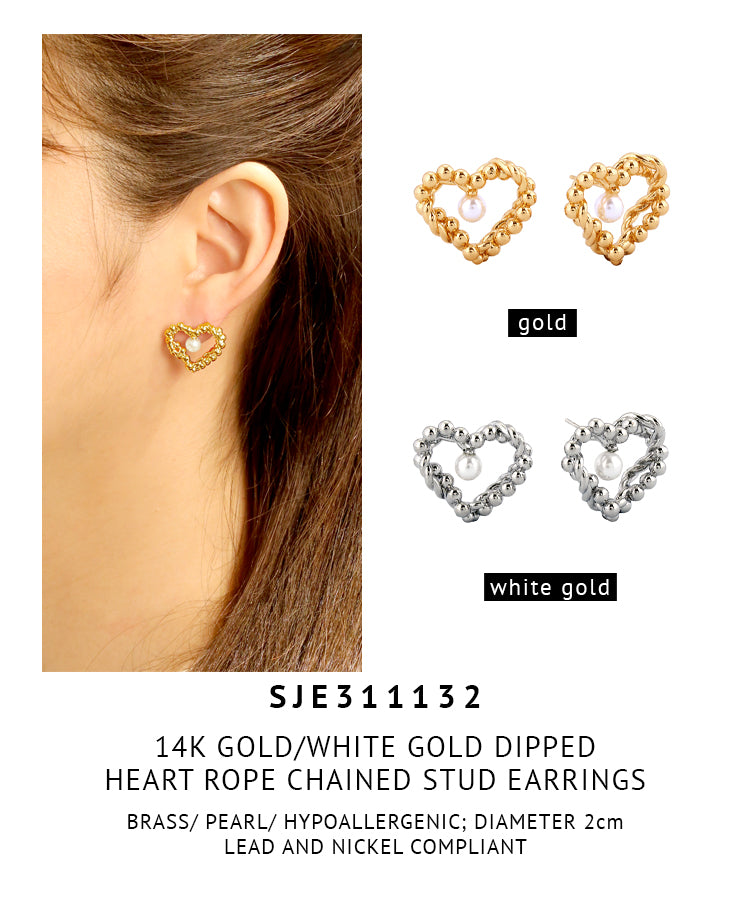 14K Gold Dipped Heart Rope Chained Stud Earrings