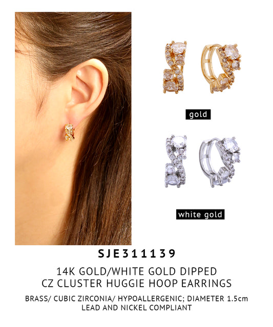 14K Gold Dipped CZ Cluster Huggie Hoop Earrings