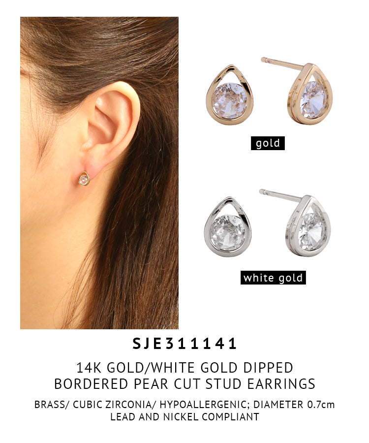 14K Gold Dipped Bordered Pear Cut Stud Earrings