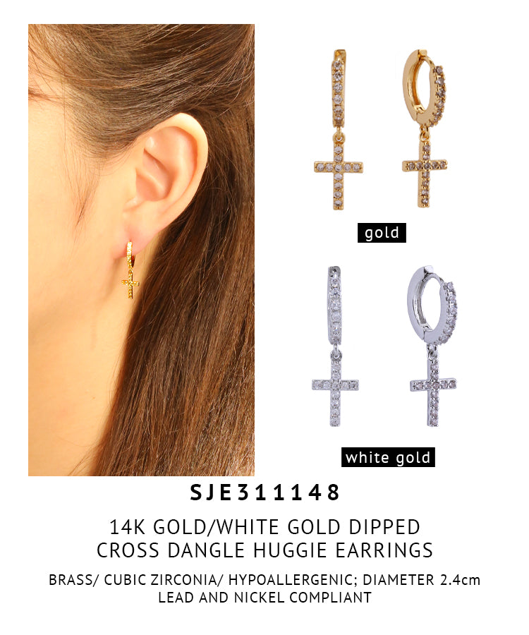 14K Gold Dipped Cross Dangle Huggie Earrings