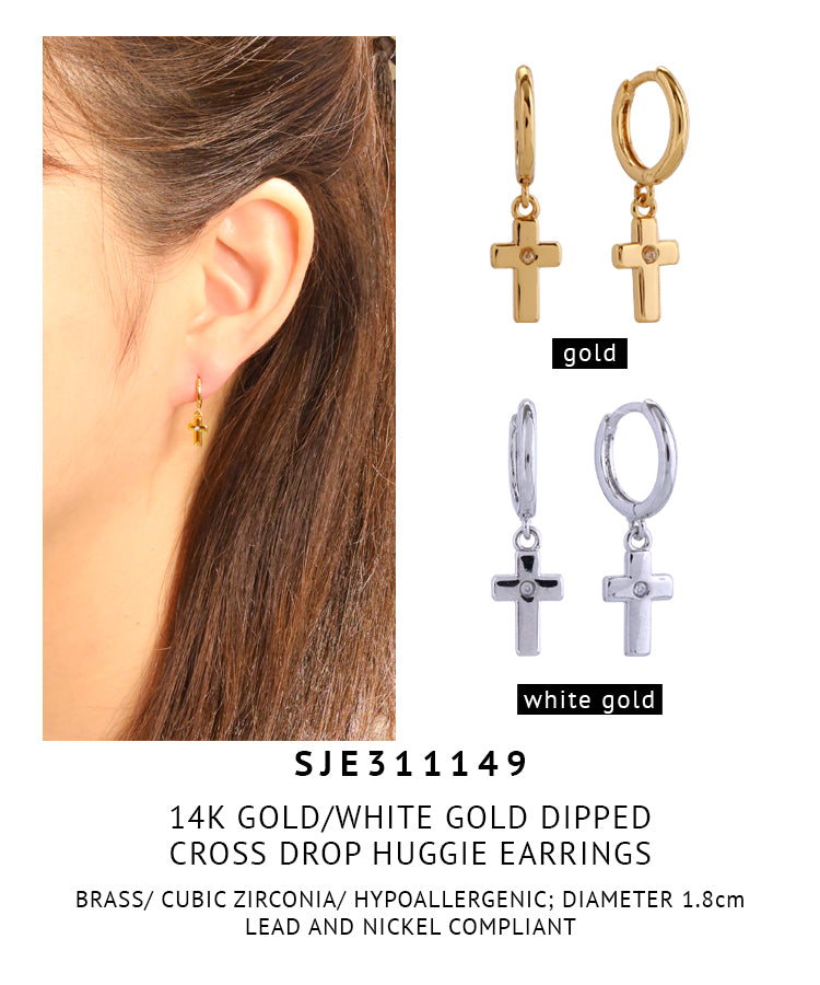 14K Gold Dipped Cross Drop Huggie Earrings