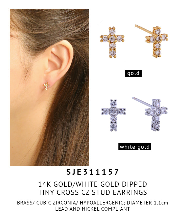 14K Gold Dipped Tiny Cross CZ Stud Earrings