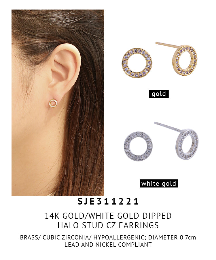 14K Gold Dipped Halo Stud Cz Earrings