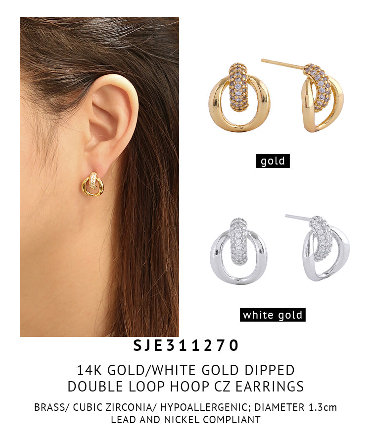 14K Gold Dipped Double Loop Hoop Cz Earrings